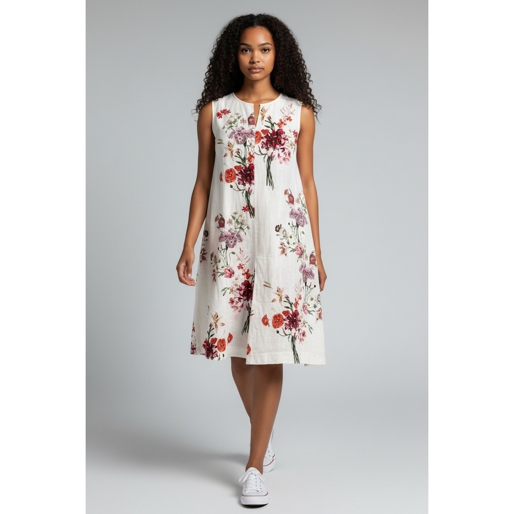 Hannes Roether‎ Floral Linen Blend Sleeveless Shift Dress Pockets White Red M